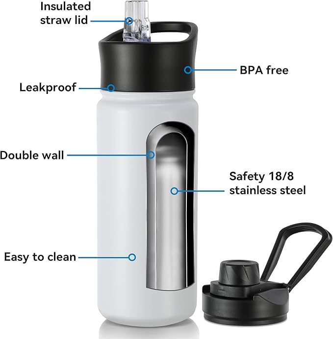 16 oz Insulated Water Bottle with Straw Lids, Stainless Steel Kids Water Bottles for School, Double Wall Vacuum Metal Water Bottle with Straw & Wide Mouth Lid, Polar 8 Pack