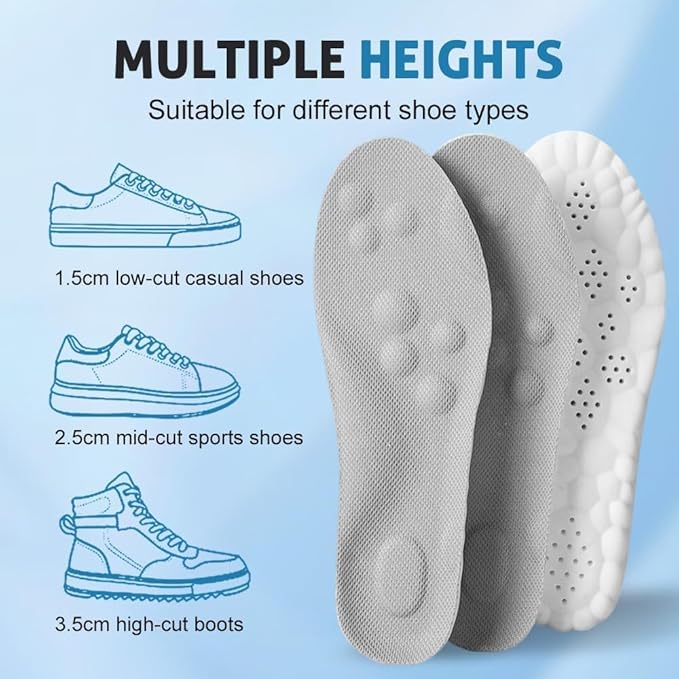 2Pairs 4D Cloud Insoles Men & Women, Memory Foam Cloud Insoles Super Soft Anti-Fatigue, Plantar Fasciitis Insole, Shock Absorption, Trim to Fit Arch Support for Foot Pain Relief and Fatigue Reduction