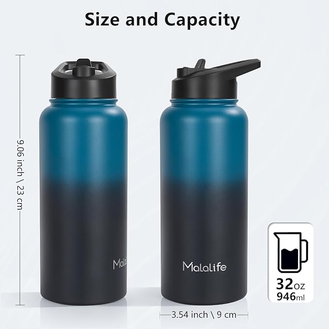 32oz Insulated Stainless Steel Water Bottle, Dual lids, Large Flask, Wide Mouth Sport Drink Bottle (Keep Cold 24H Hot 12H) with Straw, Leakproof Spout Lid (Deep Teal & Onyx)