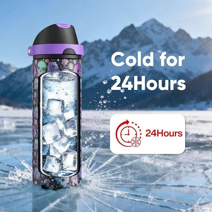 ENCOOL Insulated Water Bottle with Straw Stainless Steel Water Bottle with Push Button Lid, Leak-Proof & BPA-Free, Keeps Cold for 24 Hours for Sports, Travel, Gym (24 oz, Floral Afterlife)