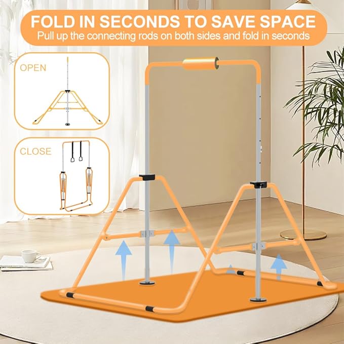 Expandable Gymnastics Bar for Kids, Adjustable Height Junior Training Kip Bar, Folding Gymnastic Horizontal Bars Monkey Bar, Home Gym Equipment for Kid Gymnasts, Child, Girl, Boy