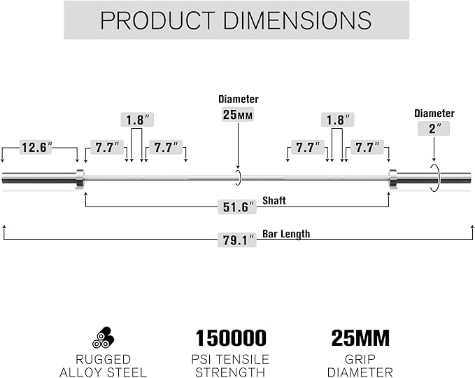 RITFIT 7FT Olympic Barbell for Strength and Weightlifting Training - 2 Inch Olympic Bar for Squat, Deadlift, Bench Press, Curl, Overhead Press - 600lbs/1000lbs/1200lbs Capacity