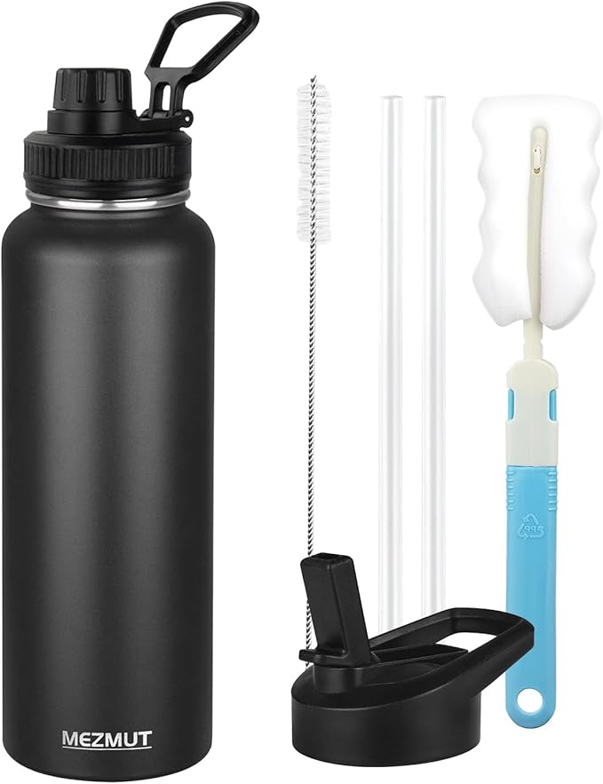 MEZMUT Insulated Water Bottle with Straw&2 Lids 40oz Stainless Steel Water Bottles Sports Metal Water Bottle Double Walled Vacuum Insulated Bottles Cups Leak-Proof Travel Cup (Black)