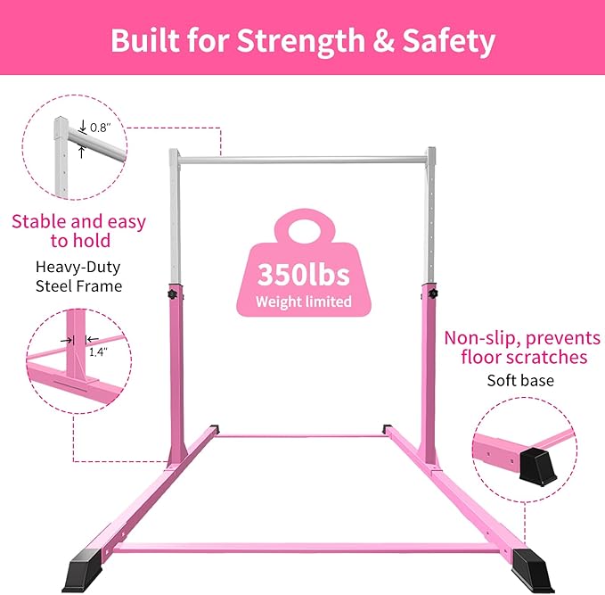 Safe Sturdy Gymnastics Bar for Kids Ages 3-18，Easy to Assemble and Release，3'-5' Adjustable Heigh，Anti-Slip，Steel Home Gym Training Bar for Junior Gymnasts，Gymnastic Equipment for Indoor Practice，All