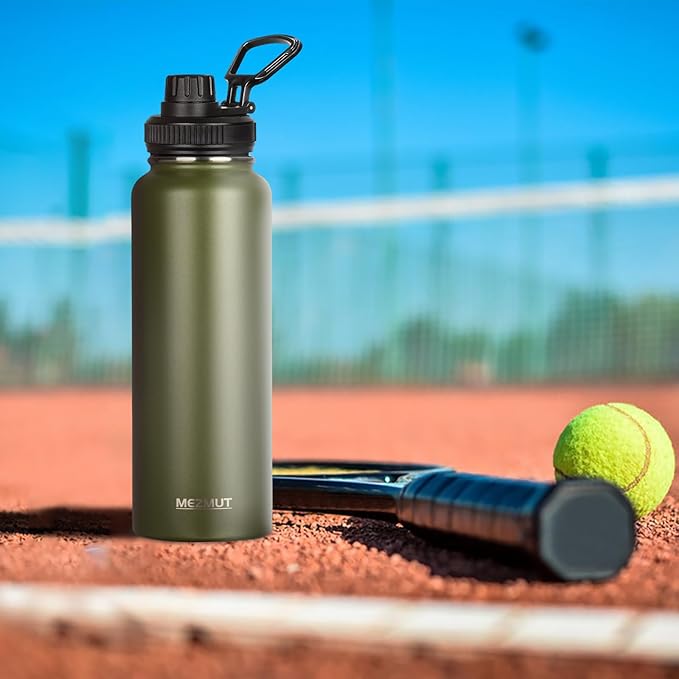 MEZMUT Insulated Water Bottle with Straw&2 Lids 40oz Stainless Steel Water Bottles Sports Metal Water Bottle Double Walled Vacuum Insulated Bottles Cups Leak-Proof Travel Cup (Army Green)