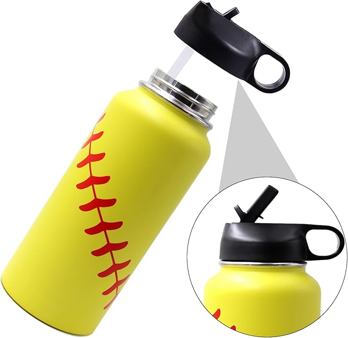 32 oz Softball Water Bottle, Wide Mouth Sports Flask Metal Travel Tumbler with 2 Lids, Stainless Steel Double Wall Vacuum Insulated Leak Proof Thermo Water Bottles, Softball Stuff Gifts for Mom Girls