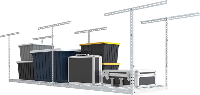 FLEXIMOUNTS 2x8 Overhead Garage Storage Rack,Adjustable Storage Organization System,Heavy Duty Metal Garage Ceiling Storage Racks,400lbs Weight Capacity,White, Classic Series