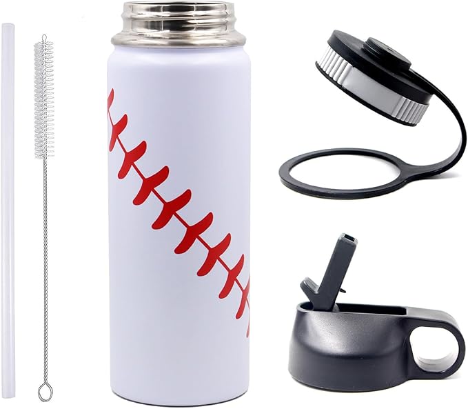 18 oz Baseball Water Bottle, Sports Flask Metal Travel Tumbler with 2 Lids, Stainless Steel Double Wall Vacuum Insulated Leak Proof Thermo Water Bottles, Baseball Accessories Gifts for Mom Boys Girls
