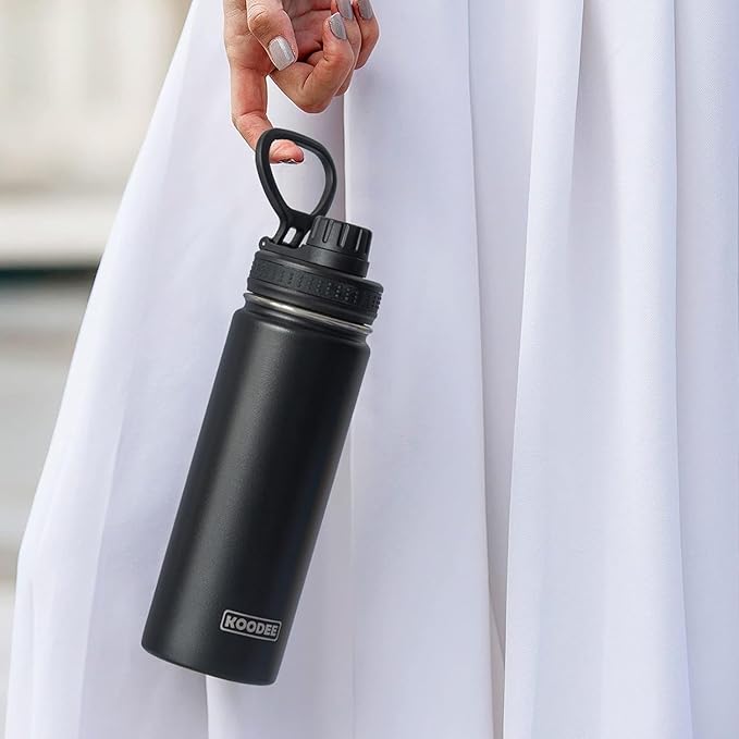 koodee 26 oz Insulated Water Bottle Stainless Steel Double Wall Vacuum Metal Sports Water Bottle with Leakproof Spout Lid, Wide Mouth Water Bottle (Black)
