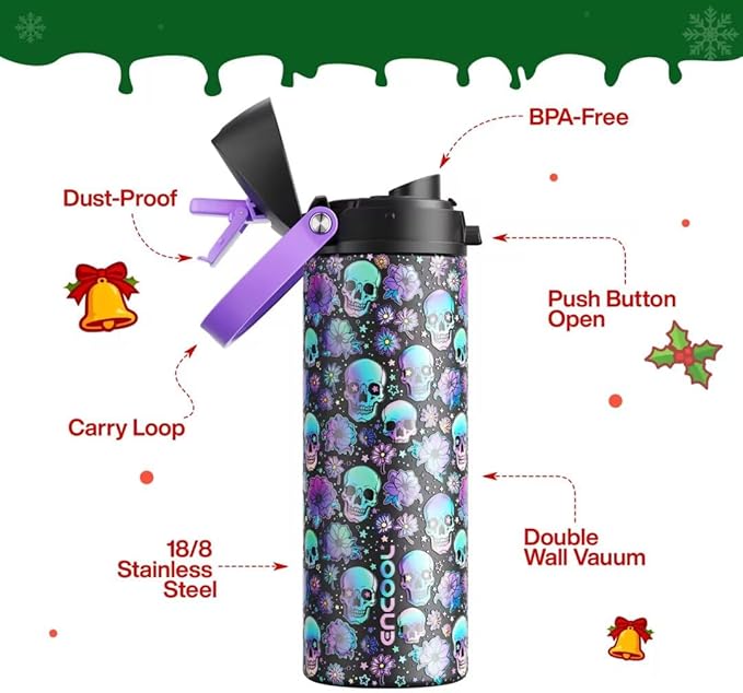 ENCOOL Insulated Water Bottle with Straw Stainless Steel Water Bottle with Push Button Lid, Leak-Proof & BPA-Free, Keeps Cold for 24 Hours for Sports, Travel, Gym (24 oz, Floral Afterlife)