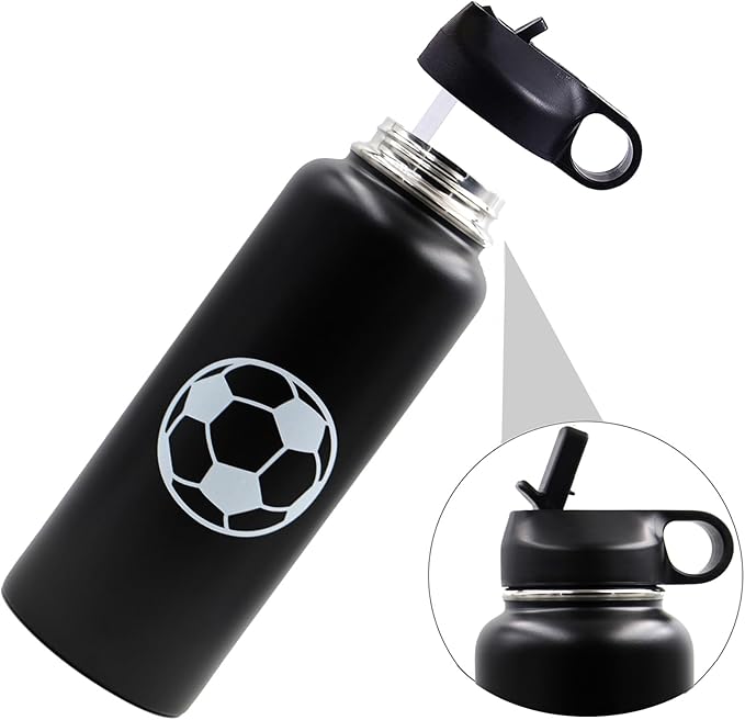 40 oz Soccer Water Bottle with Straw, Wide Mouth Sports Flask Metal Travel Tumbler with 2 Lids, Stainless Steel Double Wall Vacuum Insulated Leak Proof Thermo Water Jug, Soccer Gifts for Boys Girls