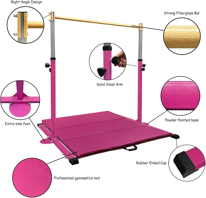 GLANT Gymnastic Kip Bar,Horizontal Bar for Kids Girls Junior,3' to 5' Adjustable Height,Home Gym Equipment,Ideal for Indoor and Home Training,1-4 Levels,300lbs Weight Capacity