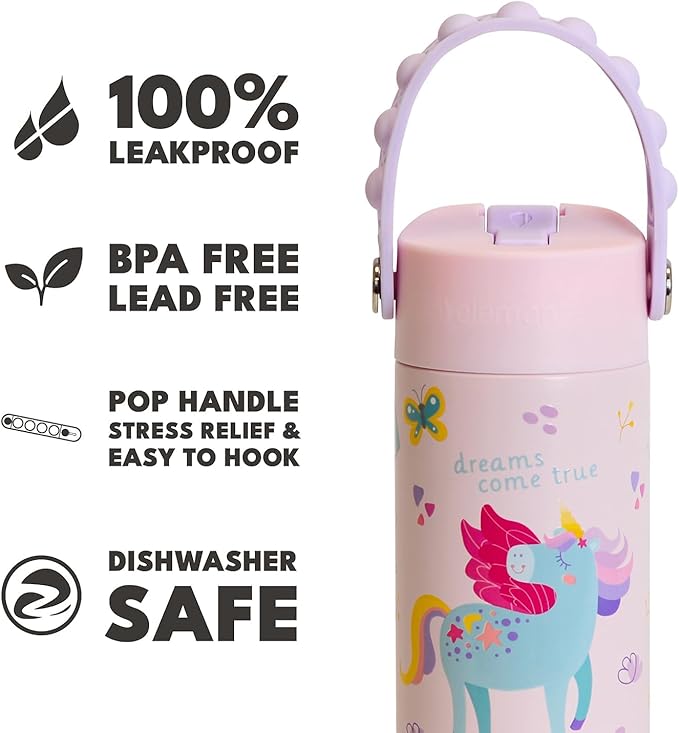 Elemental 100% Leak Proof When Spout is Closed Insulated Kids Water Bottle, Stainless Steel Bottle for School with Straw Lid & Pop-It Handle, Unicorn Rainbow & Unicorn Magic - 18oz (2 Pack)