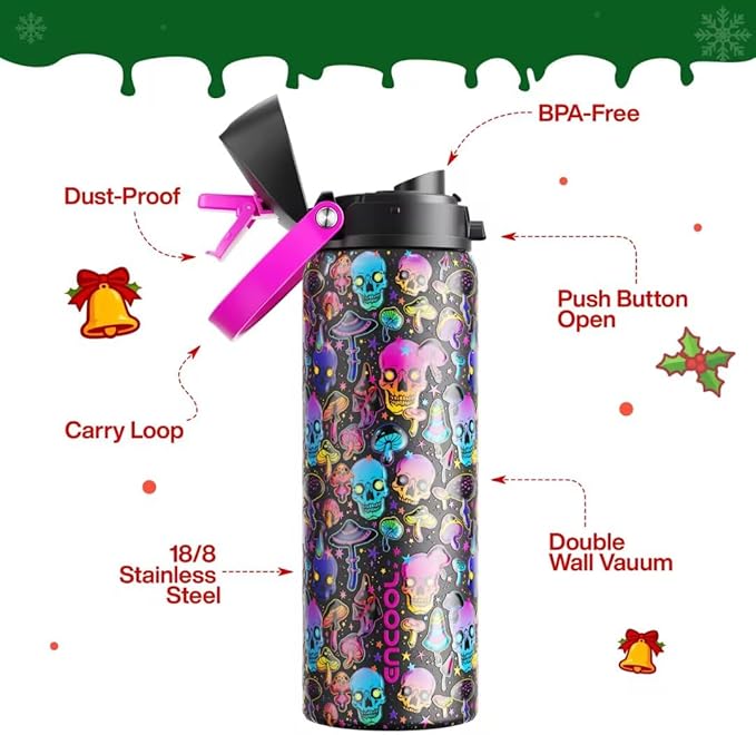 ENCOOL Insulated Water Bottle with Straw Stainless Steel Water Bottle with Push Button Lid, Leak-Proof & BPA-Free, Keeps Cold for 24 Hours for Sports, Travel, Gym (32 oz, Trippy Skulls)