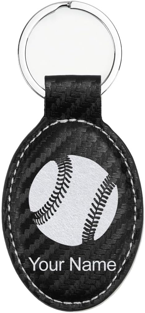 LaserGram Oval Keychain, Baseball Ball, Personalized Engraving Included (Carbon Fiber Black with Silver)