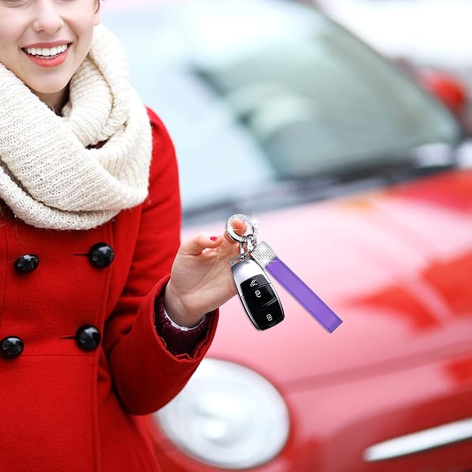 Wisdompro Genuine Leather Car Keychain, Bling Key FOB Holder Leather Loop Keychains for Women Girls with Crystal Rhinestones and 2 Keyrings - Purple