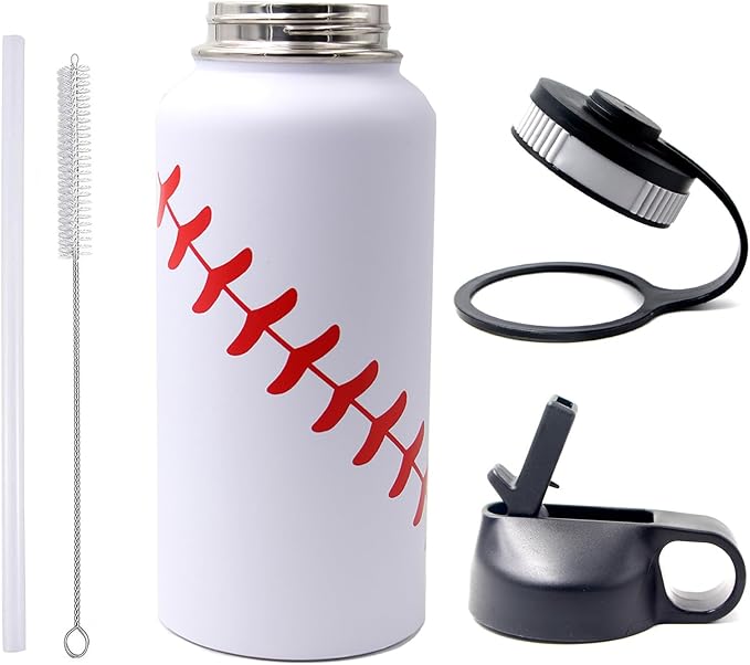 32 oz Baseball Water Bottle, Wide Mouth Sports Flask Metal Travel Tumbler with 2 Lids, Stainless Steel Double Wall Vacuum Insulated Thermo Water Bottles, Baseball Accessories Gifts for Mom Boys Girls