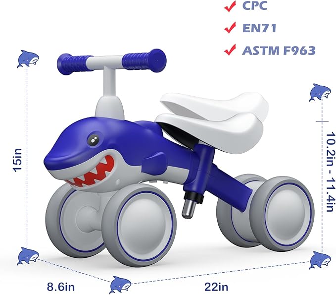 YGJT Baby Balance Bikes Seat Adjustable Toddler Riding Toy for 1 + Year Old Boys Girls, 12-48 Months Baby's First Bike First Birthday Blue Shark