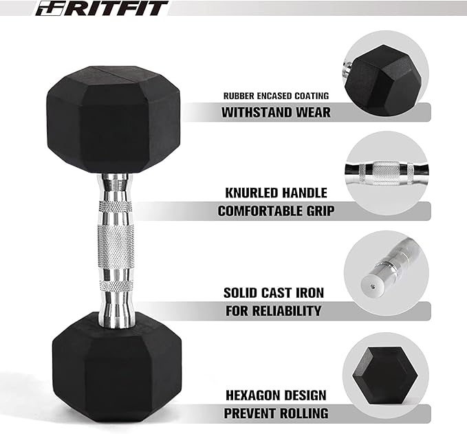 RITFIT 650/550/450/350/300/310/260/210/200/180/150/100 LB Rubber Hex Dumbbells Set with Optional Dumbbell Rack, Multi Weight Set to Choose, Ideal for Home Gym and Fitness