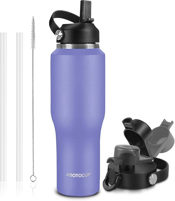 32oz Black Water Bottle Stainless Steel, Keep Cold 24H&Hot 12H, Water Bottle with Straw&Spout Lids, Insulated Water Bottle Double Wall Vacuum, Fit in Any Car Cup Holder, Leak-proof BPA Free