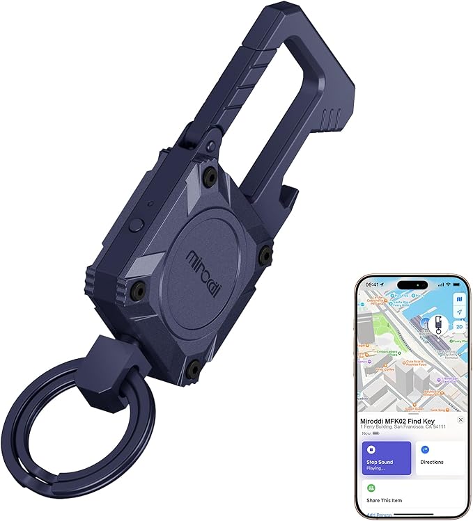 Miroddi Keychain Tracker, Men's Key Chain Works with Find My(iOS Only), Heavy Duty Keychain Carabiner Bottle Opener, Car Key Chains with Finder, Anti-lost Keyrings Tracker, Rechargeable, Navy Blue