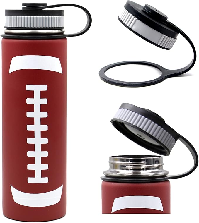 22 oz Football Water Bottle with Straw, Sports Flask Metal Travel Tumbler with 2 Lids, Stainless Steel Double Wall Vacuum Insulated Leak Proof Thermo Water Bottles, Football Gear Gifts for Boys Girls