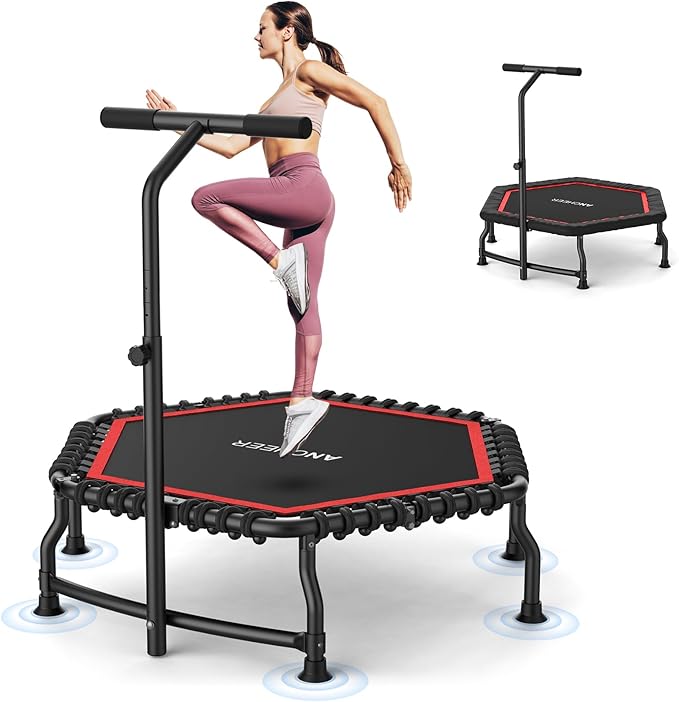 ANCHEER Trampoline, 50'' Rebounder Trampoline for Adult with Bar, Indoor Outdoor Mini Trampoline, 550LBS Fitness Trampoline with Bungee, Jumping Cardio Equipment, Exercise Trampoline at Home Gym