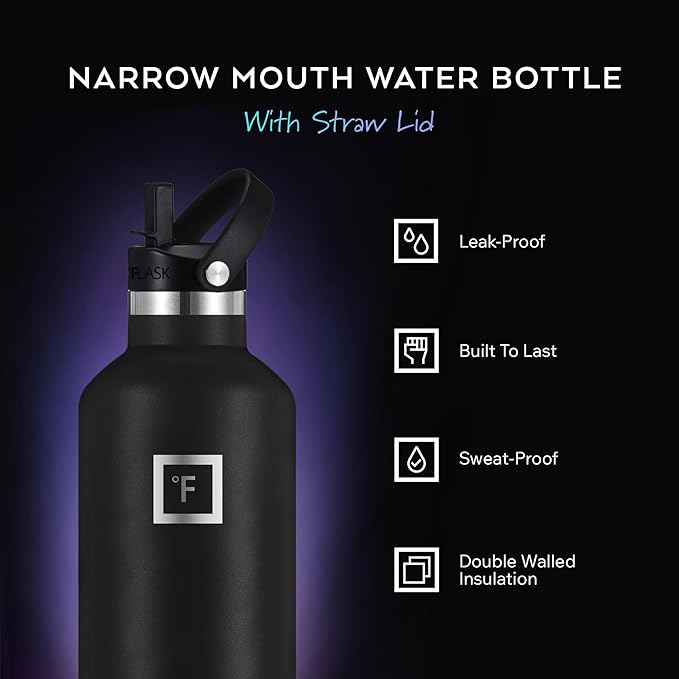 IRON °FLASK Camping & Hiking Hydration Flask with Straw, BPA-Free Insulated Stainless Steel Sports Water Bottle - 24 oz Black Marquina