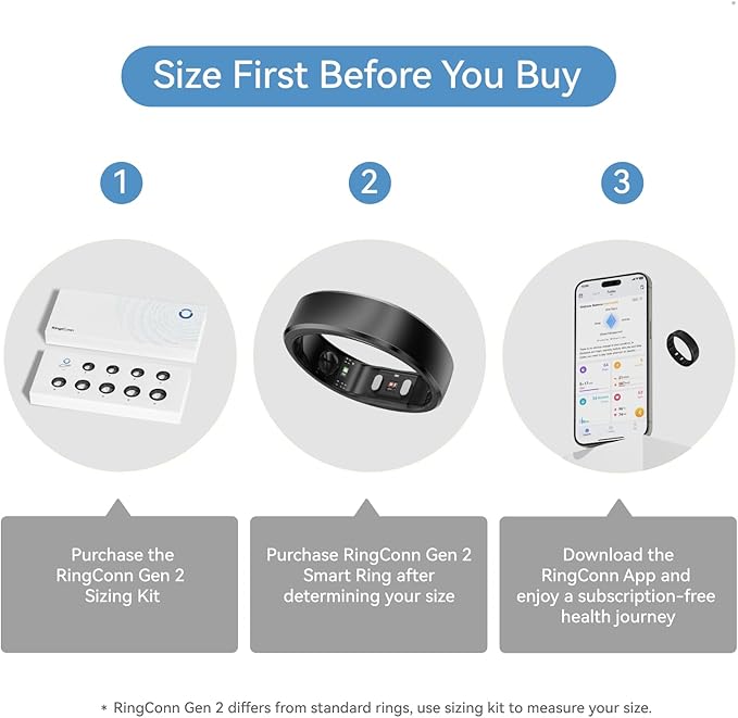 RingConn Gen 2, World’s First Smart Ring with Sleep Apnea Monitoring, No APP Subscription, 12-Day Battery Life, Stress/Heart Rate/Women's Health Tracker, Android & iOS Compatible (Black, Size 7)