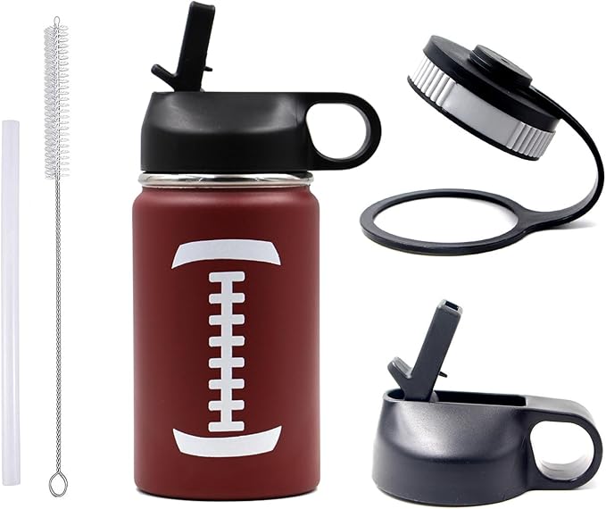 12 oz Football Water Bottle with Straw, Sports Flask Metal Travel Tumbler with 2 Lids, Stainless Steel Double Wall Vacuum Insulated Leak Proof Thermo Water Bottles, Football Gear Gifts for Boys Girls