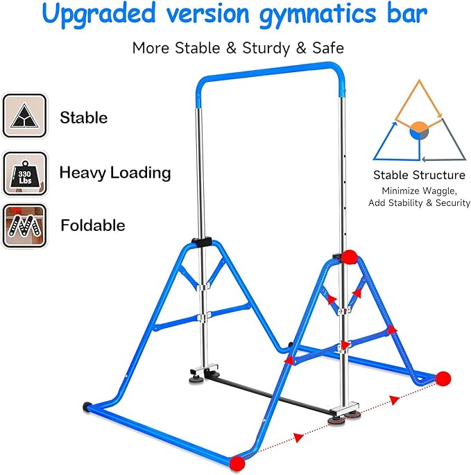 Gymnastics Horizontal Bar, Junior Training Kip Bar Gymnastics Equipment for Home, Adjustable Telescopic Height Folding Horizontal Bar with Gymnastic Rings for 3-12 Years Old Kids