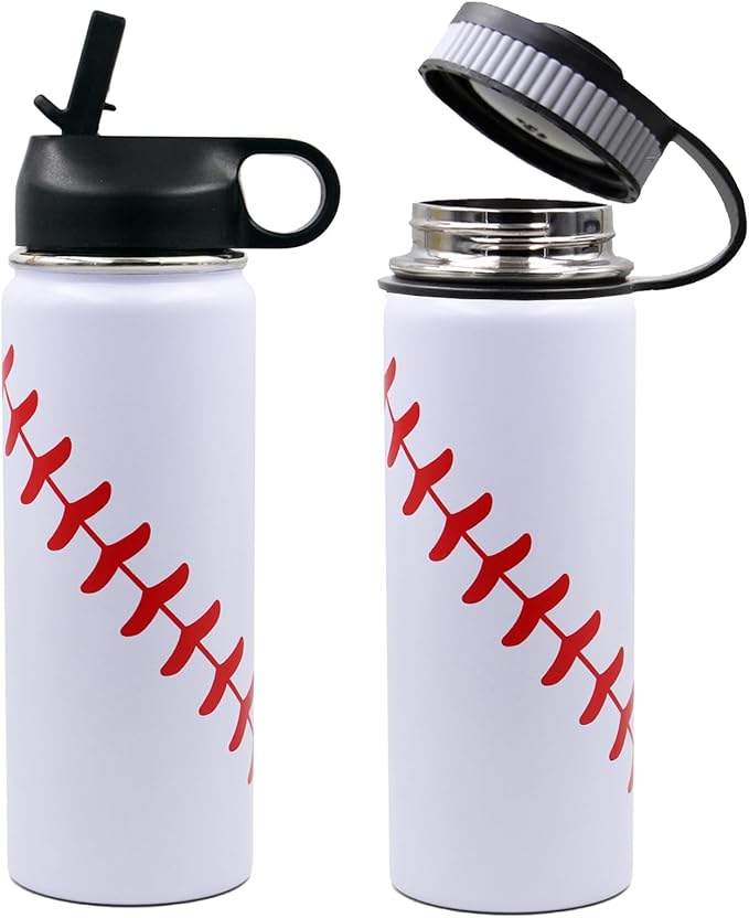 18 oz Baseball Water Bottle, Sports Flask Metal Travel Tumbler with 2 Lids, Stainless Steel Double Wall Vacuum Insulated Leak Proof Thermo Water Bottles, Baseball Accessories Gifts for Mom Boys Girls
