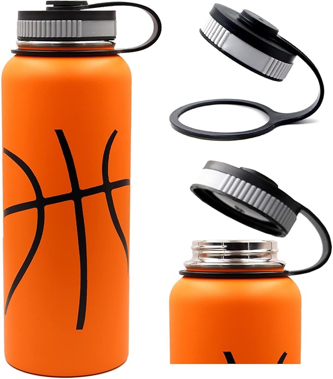 40 oz Basketball Water Bottle, Wide Mouth Sports Flask Metal Travel Tumbler with 2 Lids, Stainless Steel Double Wall Vacuum Insulated Thermo Water Jug, Basketball Accessories Gifts for Boys Girls