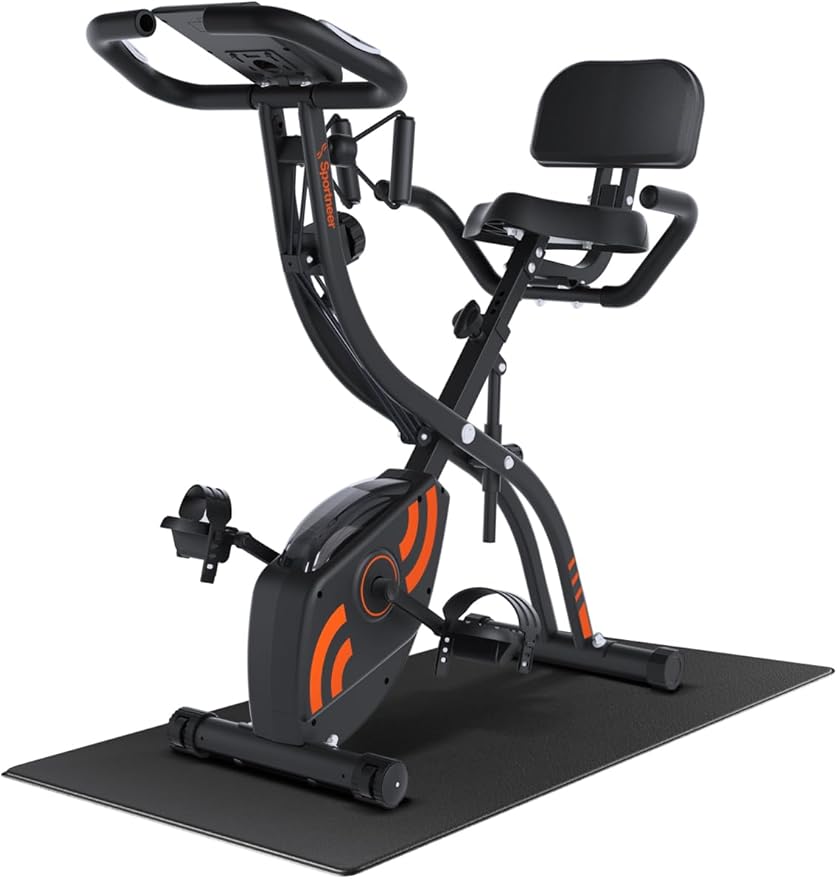 Foldable Exercise Bike Stationary Bike, Sportneer 4 in 1 Indoor Cycling Bike with 16 Level Magnetic Resistance Training Bike with Arm Resistance Band PVC Floor Mat Fitness Bike for Home Gym Workout