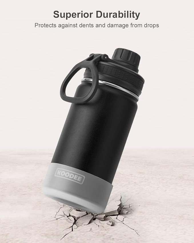 koodee Water Bottle for School-12 oz Stainless Steel Vacuum Insulated Wide Mouth Water Flask with Leakproof Spout Lid (Black)