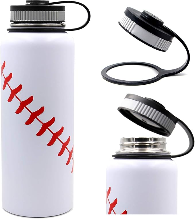 40 oz Baseball Water Bottle, Wide Mouth Sports Flask Metal Travel Tumbler with 2 Lids, Stainless Steel Double Wall Vacuum Insulated Thermo Water Jug, Baseball Accessories Gifts for Mom Boys Girls