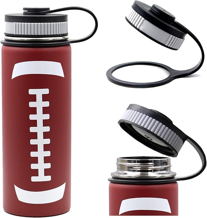 18 oz Football Water Bottle with Straw, Sports Flask Metal Travel Tumbler with 2 Lids, Stainless Steel Double Wall Vacuum Insulated Leak Proof Thermo Water Bottles, Football Gear Gifts for Boys Girls