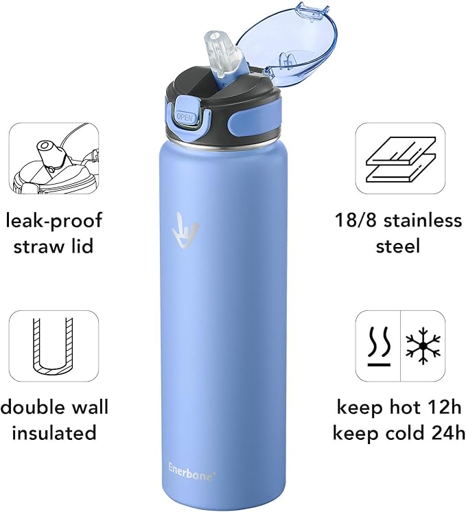 Enerbone 32 oz Insulated Water Bottle, Stainless Steel Bottle with Carrying Strap, Double-Wall Vacuum Insulation Design, Leakproof Sports Bottle with Straw, Keep Drinks Cold or Hot for Hours
