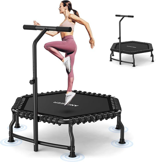 ANCHEER Trampoline, 50'' Rebounder Trampoline for Adult with Bar, Indoor Outdoor Mini Trampoline, 550LBS Fitness Trampoline with Bungee, Jumping Cardio Equipment, Exercise Trampoline at Home Gym