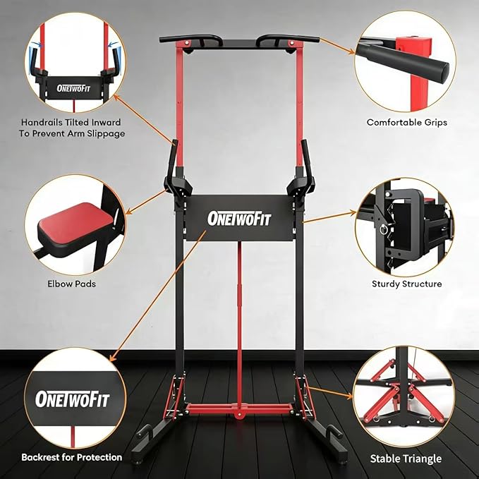 ONETWOFIT Foldable Power Tower Pull Up Bar Station, Multi-Function Adjustable Height Dip Station for Home Gym Workout, Strength Training Fitness Equipment, Pull Up Stand 400LBS