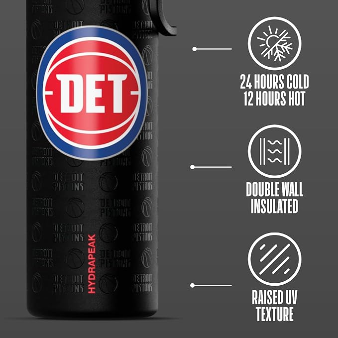 Hydrapeak x NBA Officially Licensed Detroit Pistons 26 oz Active Water Bottle with Chug Lid and Handle Reusable Stainless Steel Double Wall Insulated Sports Gift