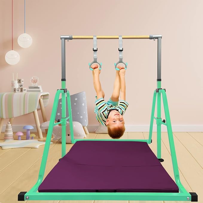 GLANT Gymnastics Bar for Kids with Rings Set, 7 Heights Adjustable Easy Folding Gymnastic Training Bar Kids Monkey Horizontal Bars - Max Load 300LBS