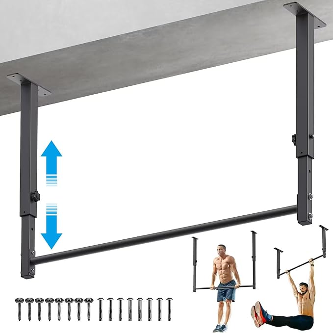 Kipika 48" Ceiling Mounted Pull Up Bar, Heavy Duty Multi-Grip Chin Up Bar,Mounted Pullup Bar, Adjustable Height, Pull Up Bands for Chin Ups & Body Stretching, Ideal for Home Gym and Strength Training