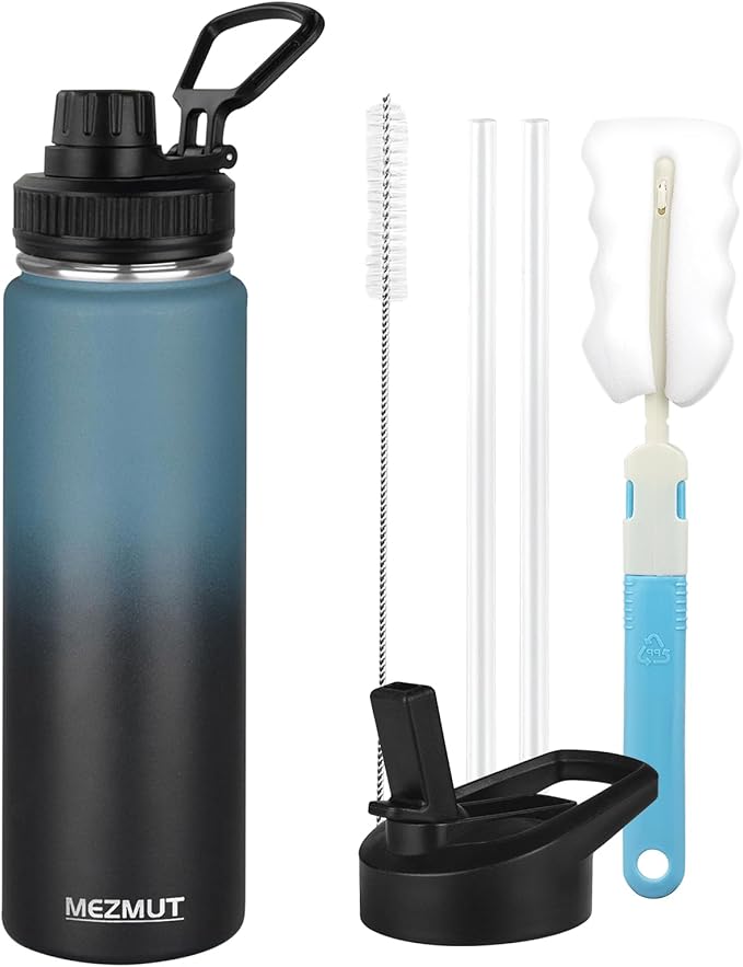 MEZMUT Insulated 24oz Stainless Steel Water Bottle with Straw & 2 Lids - Sports Metal Cup - Double Walled Vacuum Insulated Bottle - Leak-Proof Travel (Gradient Blue Black)