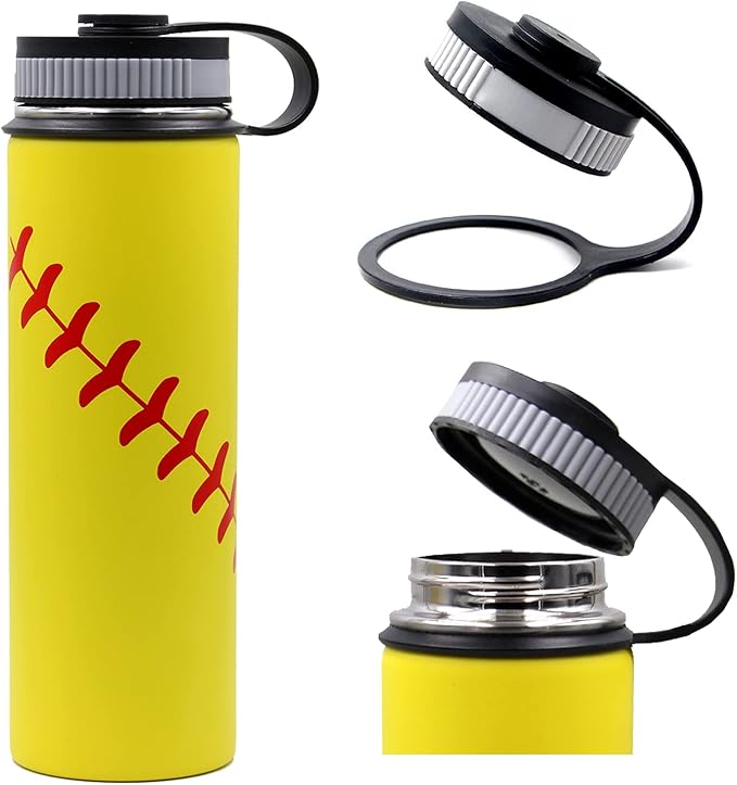 22 oz Softball Water Bottle, Wide Mouth Sports Flask Metal Travel Tumbler with 2 Lids, Stainless Steel Double Wall Vacuum Insulated Leak Proof Thermo Water Bottles, Softball Stuff Gifts for Mom Girls
