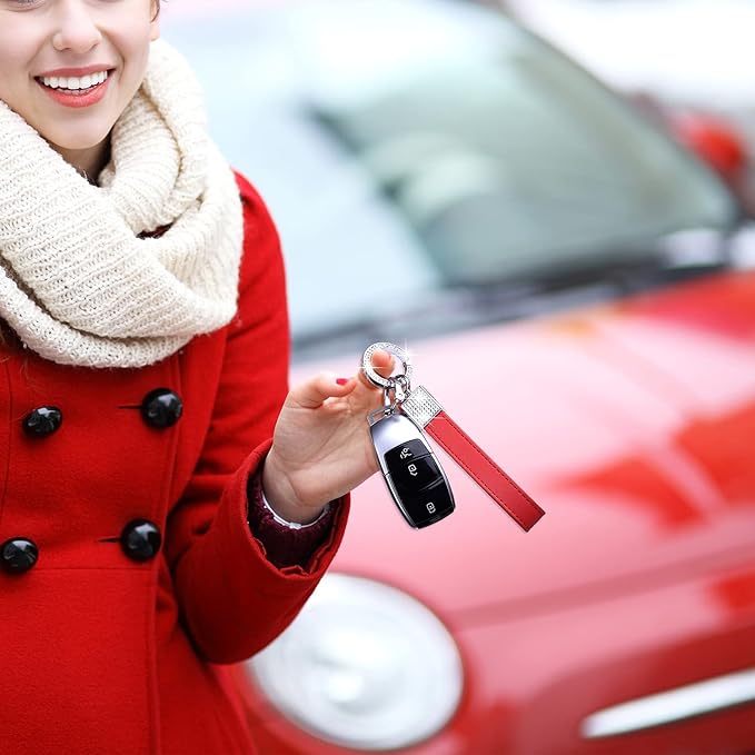 Wisdompro Genuine Leather Car Keychain, Bling Key FOB Holder Leather Loop Keychains for Women Girls with Crystal Rhinestones and 2 Keyrings - Red