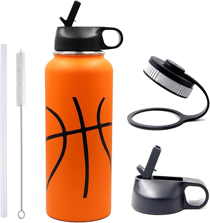 40 oz Basketball Water Bottle, Wide Mouth Sports Flask Metal Travel Tumbler with 2 Lids, Stainless Steel Double Wall Vacuum Insulated Thermo Water Jug, Basketball Accessories Gifts for Boys Girls