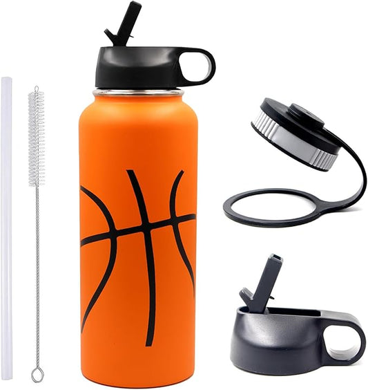 40 oz Basketball Water Bottle, Wide Mouth Sports Flask Metal Travel Tumbler with 2 Lids, Stainless Steel Double Wall Vacuum Insulated Thermo Water Jug, Basketball Accessories Gifts for Boys Girls