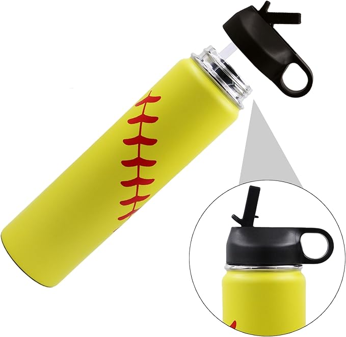 25 oz Softball Water Bottle, Wide Mouth Sports Flask Metal Travel Tumbler with 2 Lids, Stainless Steel Double Wall Vacuum Insulated Leak Proof Thermo Water Bottles, Softball Stuff Gifts for Mom Girls