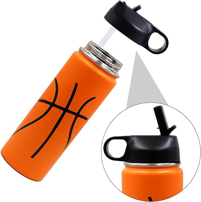 18 oz Basketball Water Bottle, Sports Flask Metal Travel Tumbler with 2 Lids, Stainless Steel Double Wall Vacuum Insulated Thermo Water Bottles, Basketball Accessories Stuff Gifts for Mom Boys Girls